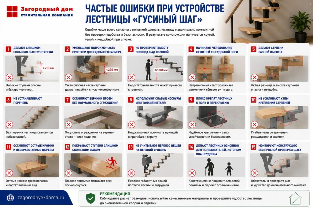 Лестница «гусиный шаг»: конструкция, расчет размеров и особенности монтажа