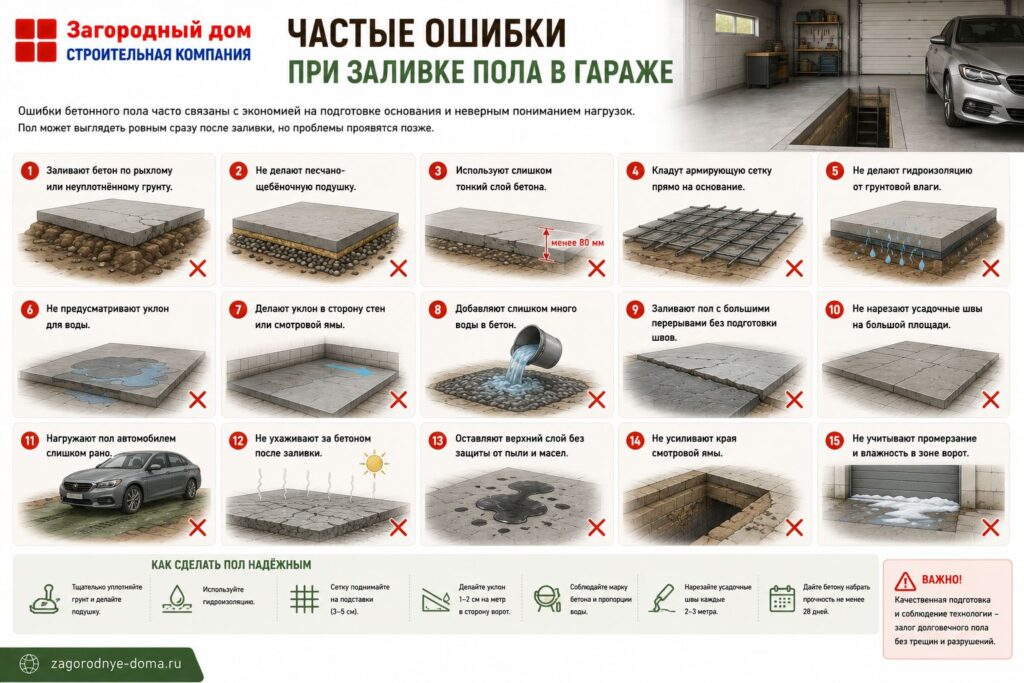 Заливка бетонного пола в гараже: толщина, армирование, уклон и этапы работ