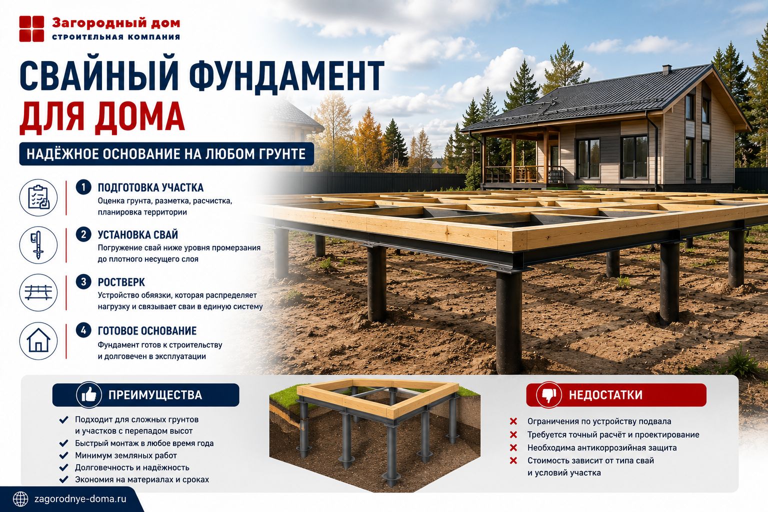 Свайный фундамент для дома: подготовка участка, установка свай, ростверк, преимущества и недостатки