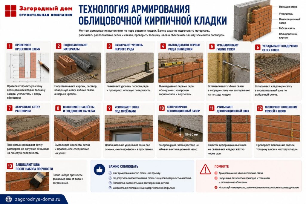 Армирование облицовочной кирпичной кладки: схема, материалы и особенности монтажа