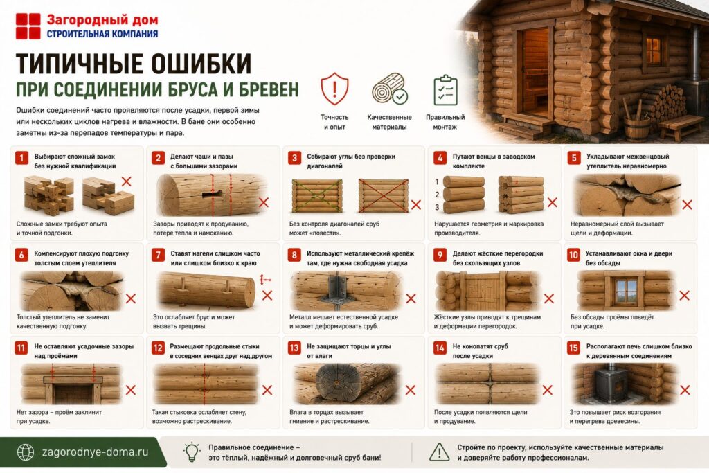 Соединение бруса и бревен в срубе бани: способы, углы и замки