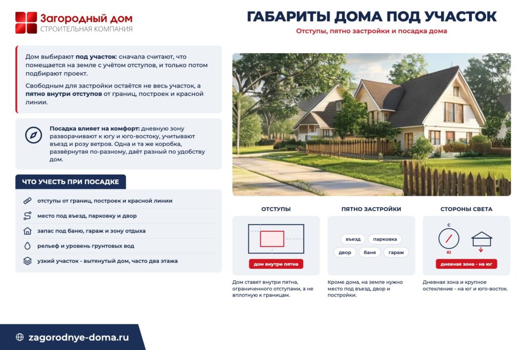 Схема посадки дома на участок: отступы, пятно застройки, стороны света