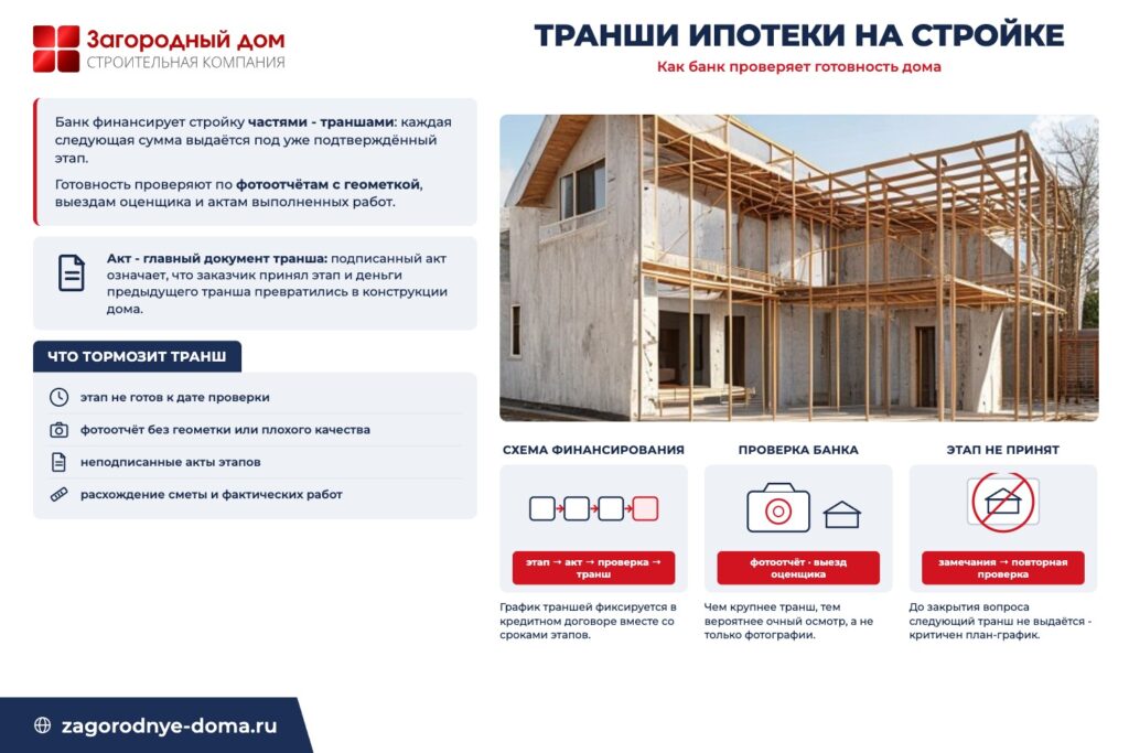 Схема транша: этап работ, акт, проверка банка фотоотчётом и выездом, выдача денег
