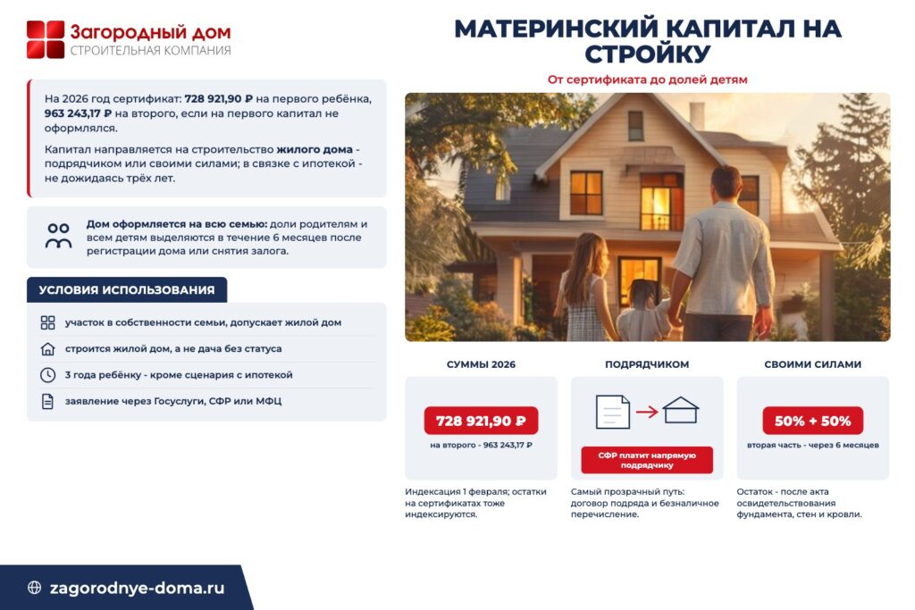Схема: суммы маткапитала на 2026 год, стройка подрядчиком или своими силами, доли детям