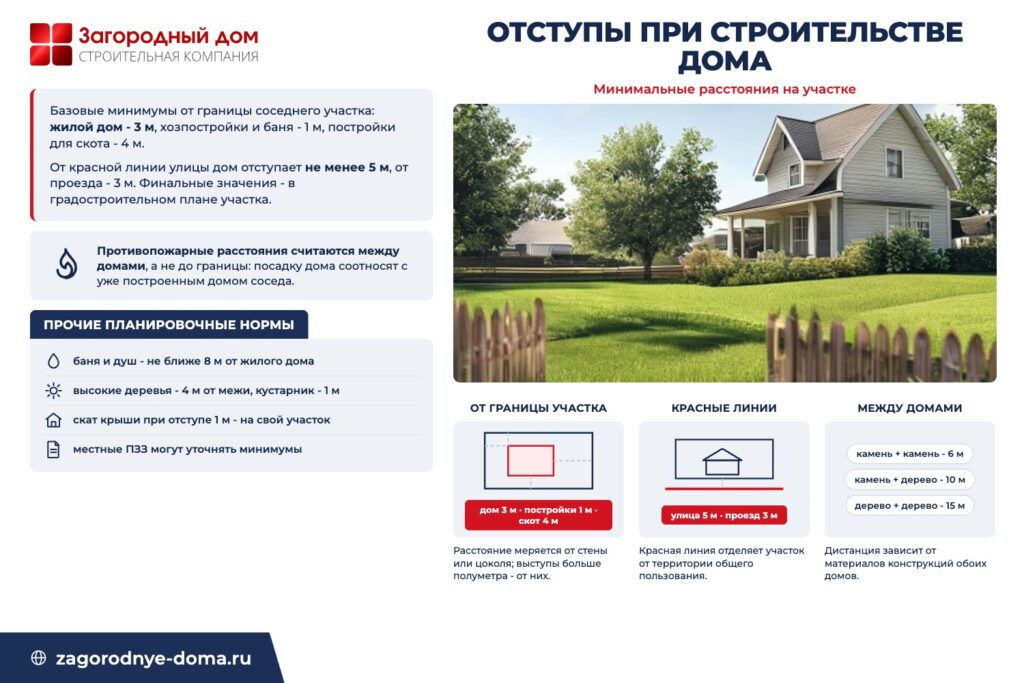 Схема отступов: дом 3 метра от границы, постройки 1 метр, красные линии и противопожарные расстояния