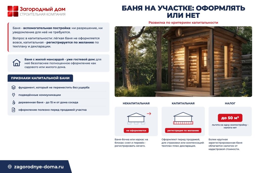 Схема: некапитальная баня не оформляется, капитальная регистрируется по желанию, налог с льготой до 50 квадратных метров