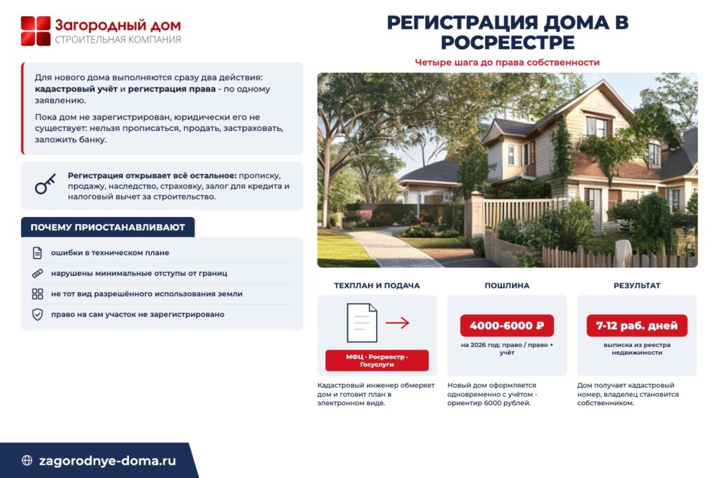 Схема регистрации дома: техплан, подача, пошлина 4000-6000 рублей, выписка за 7-12 рабочих дней