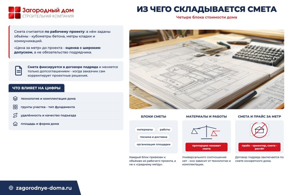 Схема сметы: материалы, работы, техника и доставка, организация площадки
