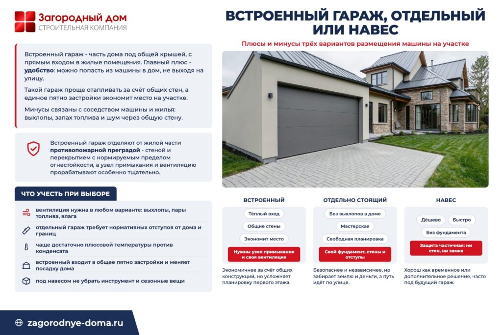 Три варианта размещения машины: встроенный гараж, отдельно стоящий и навес
