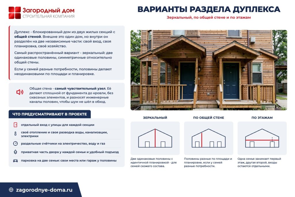 Варианты раздела дуплекса: зеркальный, по общей стене и по этажам с отдельными входами