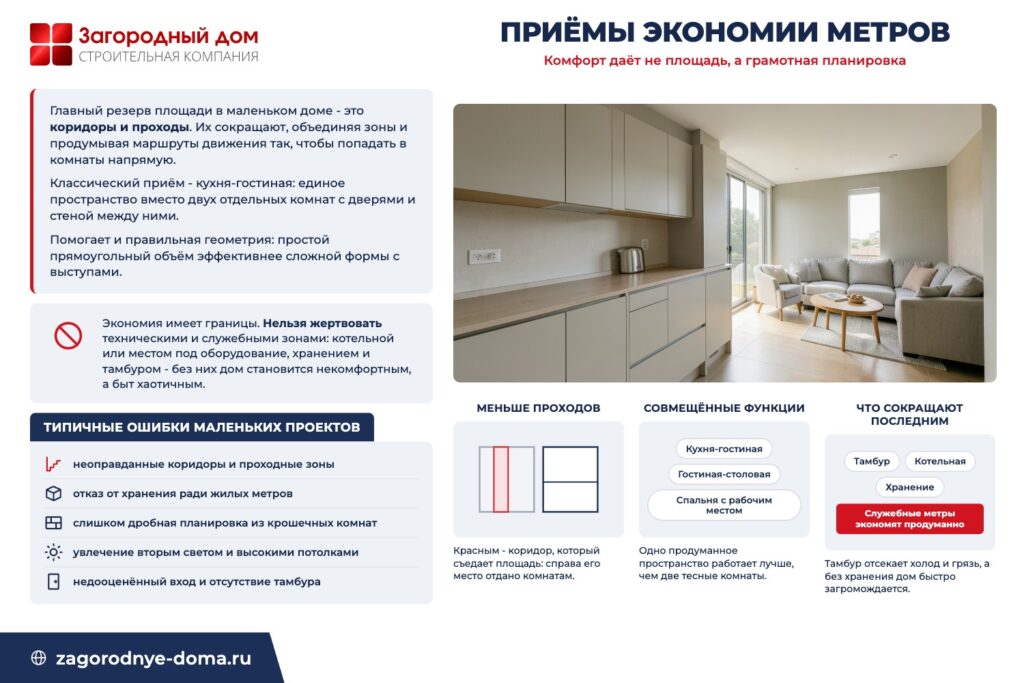 Приёмы экономии площади: меньше проходов, совмещённые функции и встроенное хранение