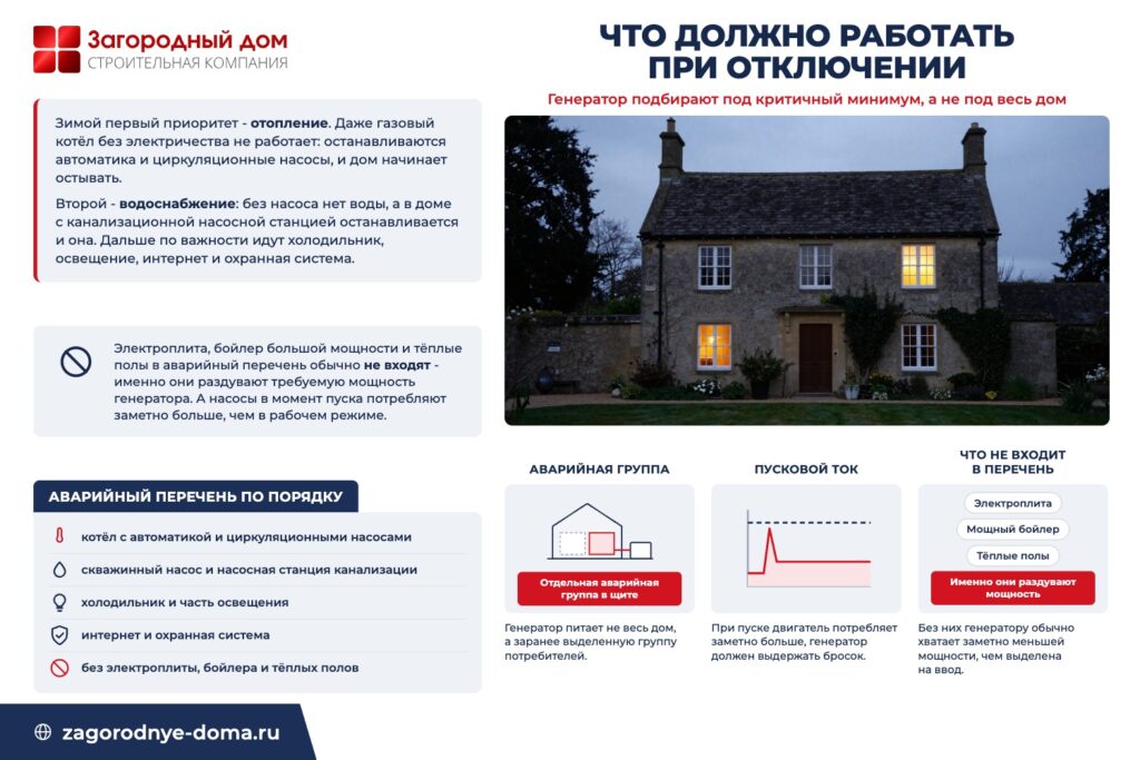 Что должно работать при отключении: генератор подбирают под критичный минимум, а не под весь дом