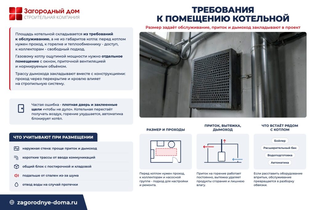 Требования к помещению котельной: размер задаёт обслуживание, приток и дымоход закладывают в проект