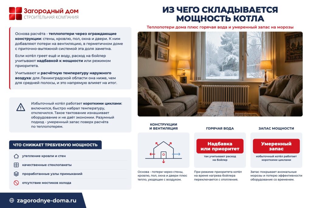 Из чего складывается мощность котла: теплопотери дома плюс горячая вода и умеренный запас на морозы