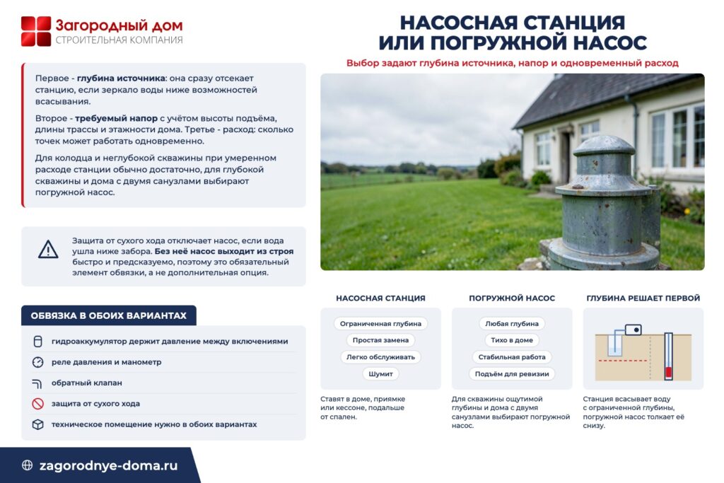 Насосная станция или погружной насос: выбор задают глубина источника, напор и одновременный расход