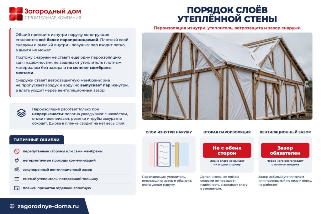 Порядок слоёв утеплённой стены: пароизоляция изнутри, утеплитель, ветрозащита и зазор снаружи