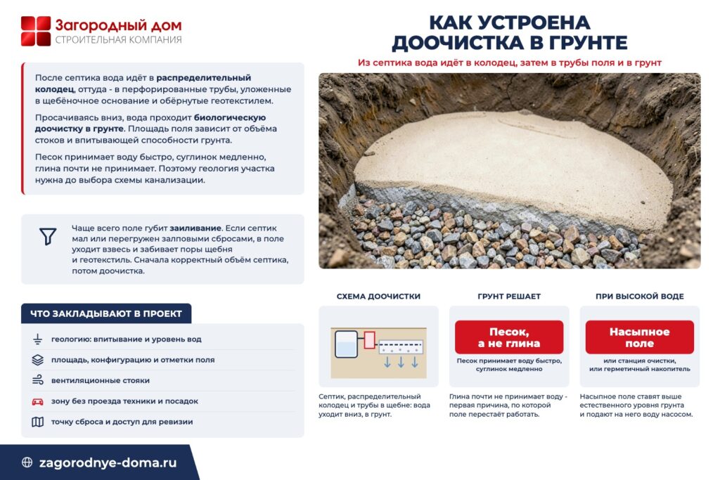 Как устроена доочистка в грунте: из септика вода идёт в колодец, затем в трубы поля и в грунт