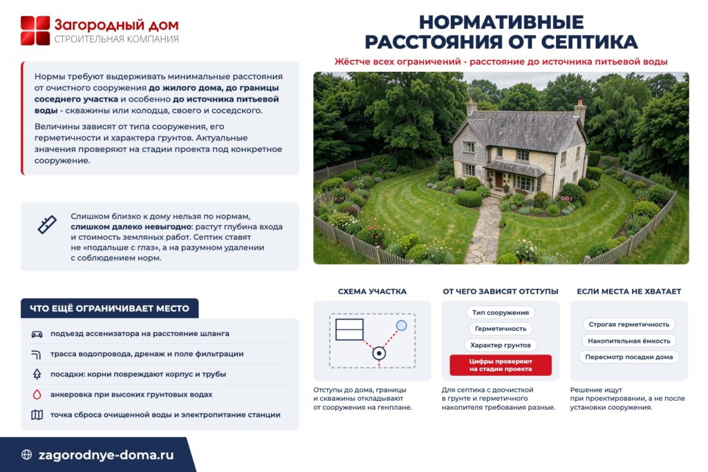 Нормативные расстояния от септика: жёстче всех ограничений - расстояние до источника питьевой воды