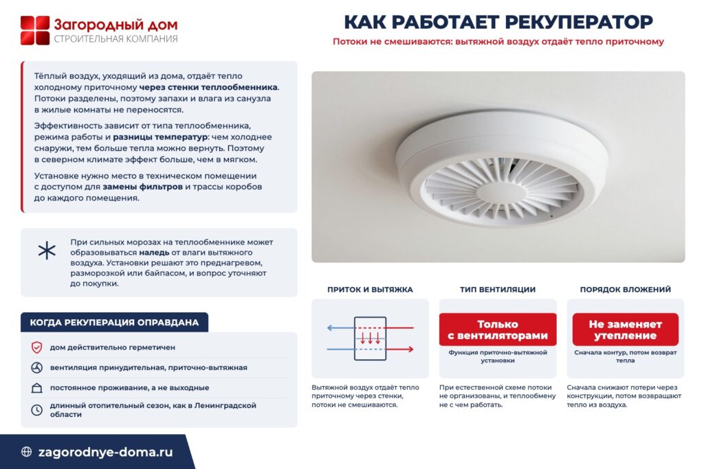 Как работает рекуператор: потоки не смешиваются: вытяжной воздух отдаёт тепло приточному
