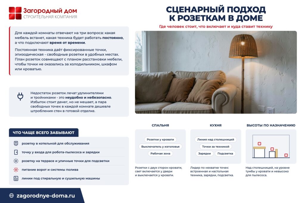 Сценарный подход к розеткам в доме: где человек стоит, что включает и куда ставит технику