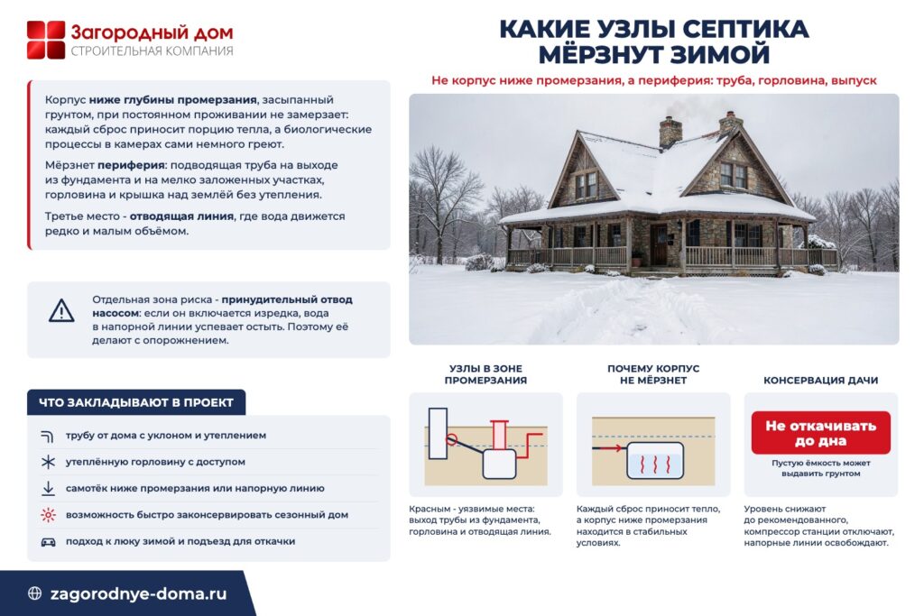 Какие узлы септика мёрзнут зимой: не корпус ниже промерзания, а периферия: труба, горловина, выпуск