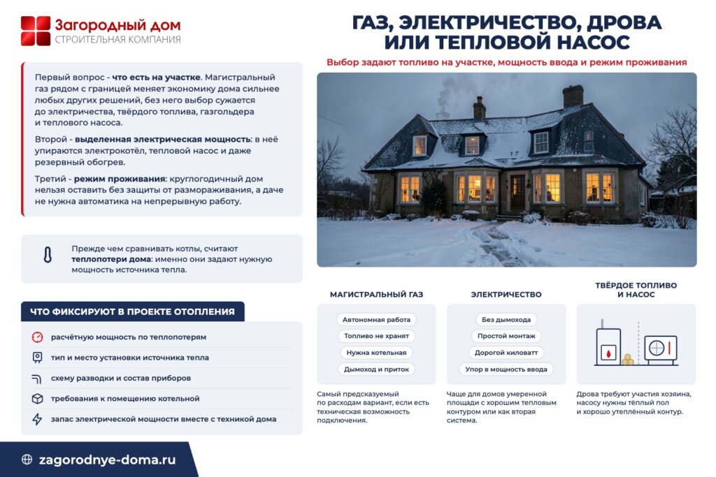 Газ, электричество, дрова или тепловой насос: выбор задают топливо на участке, мощность ввода и режим проживания