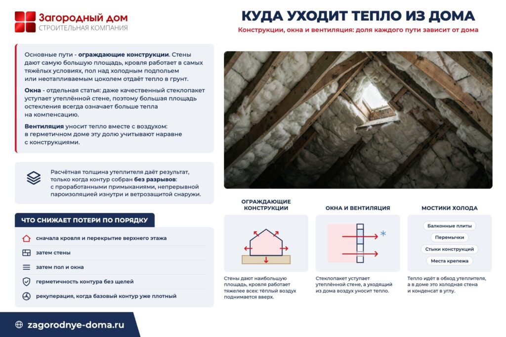 Куда уходит тепло из дома: конструкции, окна и вентиляция: доля каждого пути зависит от дома