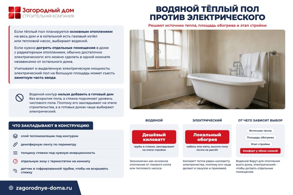 Водяной тёплый пол против электрического: решают источник тепла, площадь обогрева и этап стройки