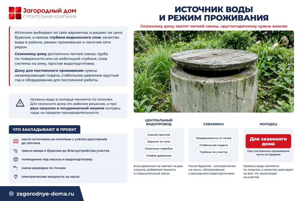 Источник воды и режим проживания: сезонному дому хватит летней схемы, круглогодичному нужна зимняя