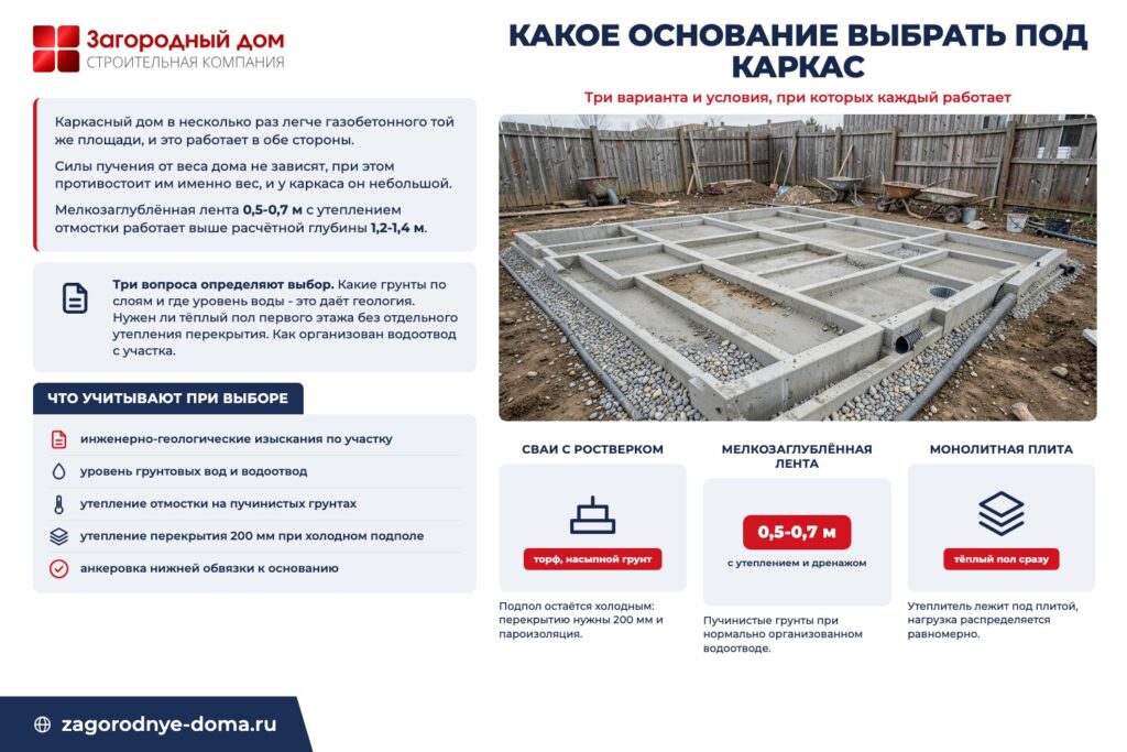 Инфографика «Какое основание выбрать под каркас»: три варианта и условия, при которых каждый работает
