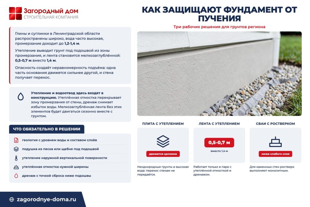 Инфографика «Как защищают фундамент от пучения»: три рабочих решения для грунтов региона
