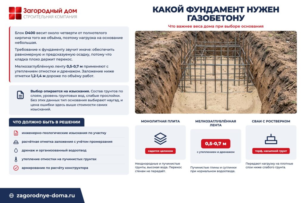 Инфографика «Какой фундамент нужен газобетону»: что важнее веса дома при выборе основания