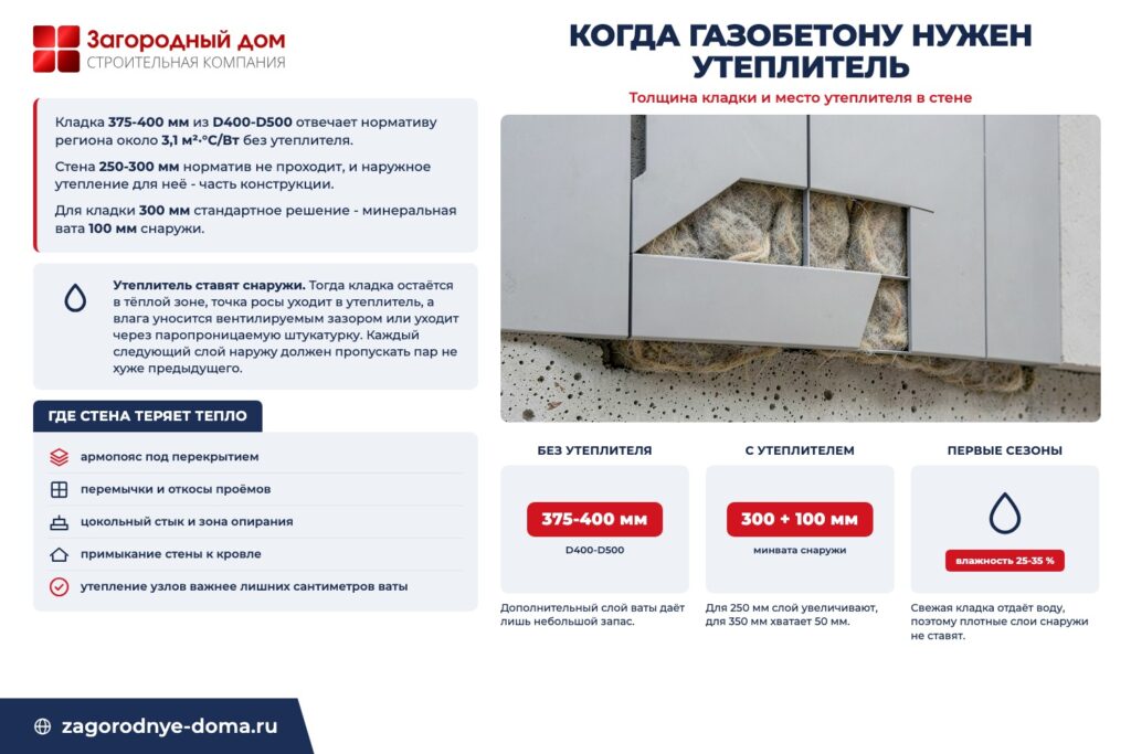 Инфографика «Когда газобетону нужен утеплитель»: толщина кладки и место утеплителя в стене