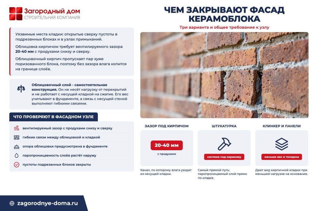 Инфографика «Чем закрывают фасад керамоблока»: три варианта и общее требование к узлу