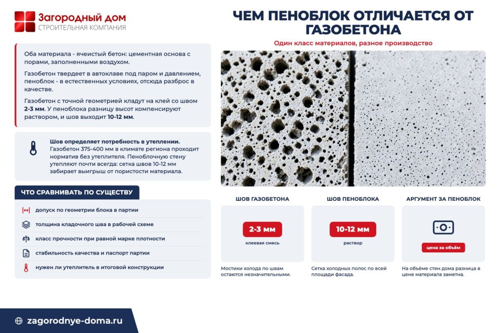 Инфографика «Чем пеноблок отличается от газобетона»: один класс материалов, разное производство