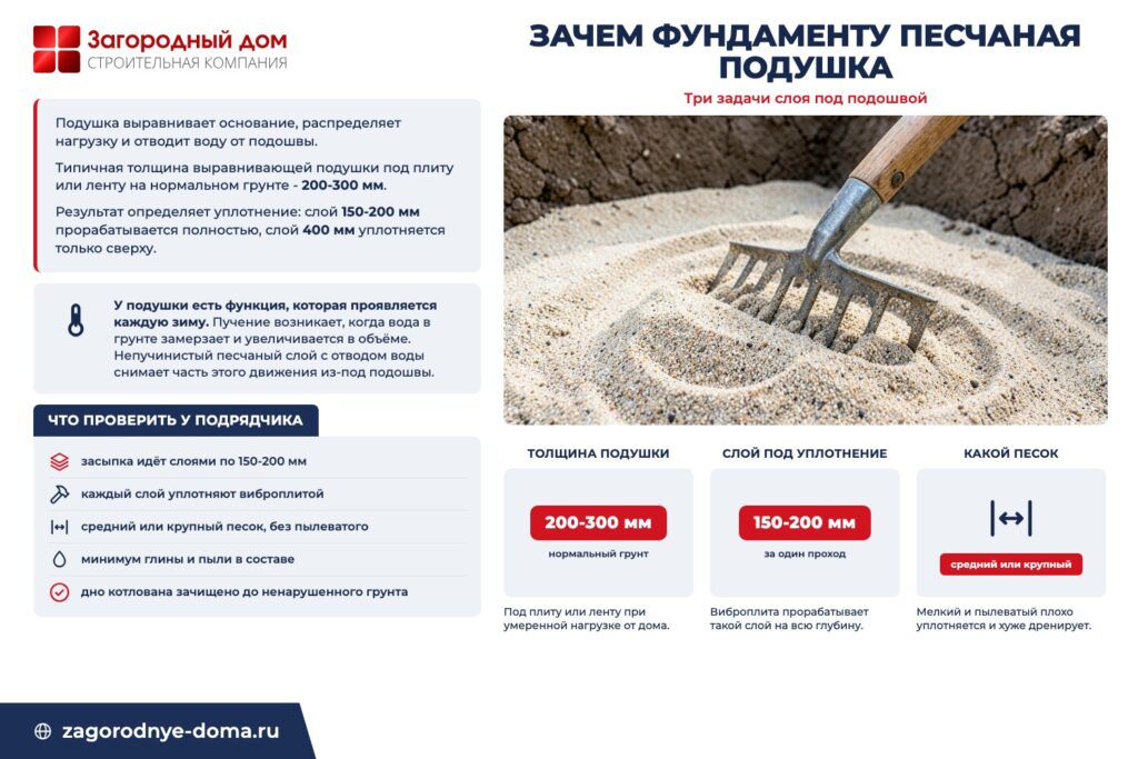 Инфографика «Зачем фундаменту песчаная подушка»: три задачи слоя под подошвой, ключевые цифры и что проверить