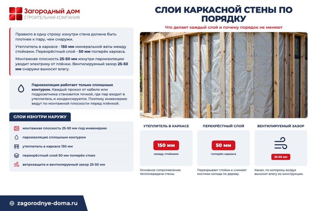 Инфографика «Слои каркасной стены по порядку»: что делает каждый слой и почему порядок не меняют