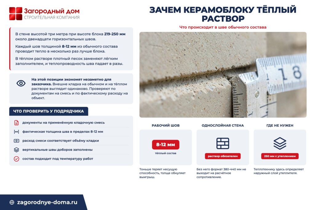 Инфографика «Зачем керамоблоку тёплый раствор»: что происходит в шве обычного состава