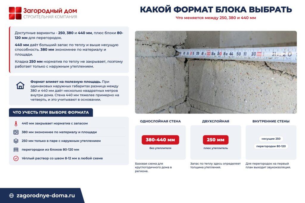 Инфографика «Какой формат блока выбрать»: что меняется между 250, 380 и 440 мм, ключевые цифры и что проверить